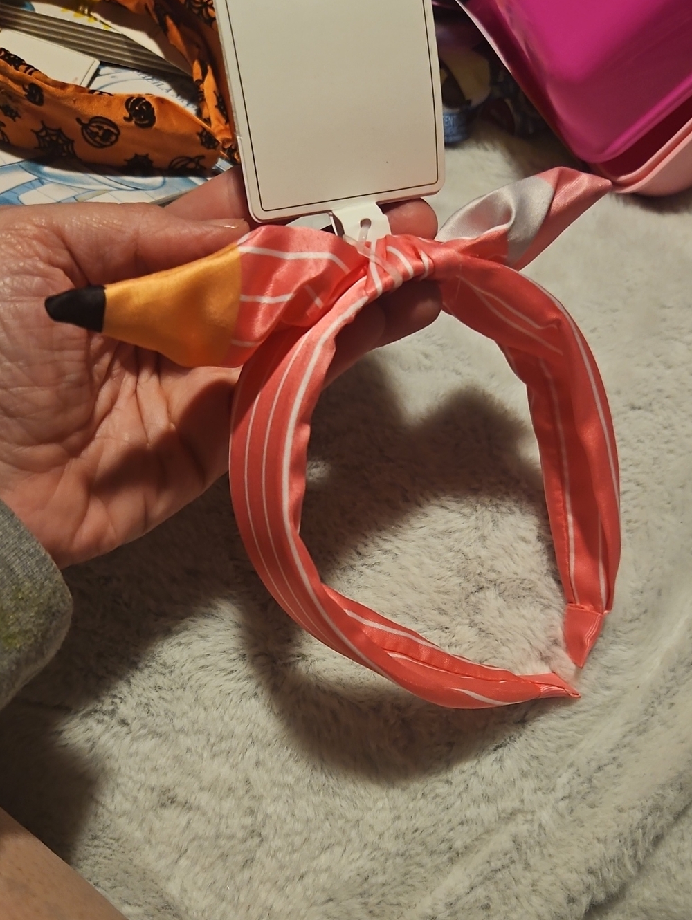 Pink Striped Knot Headband with Pencil Accent